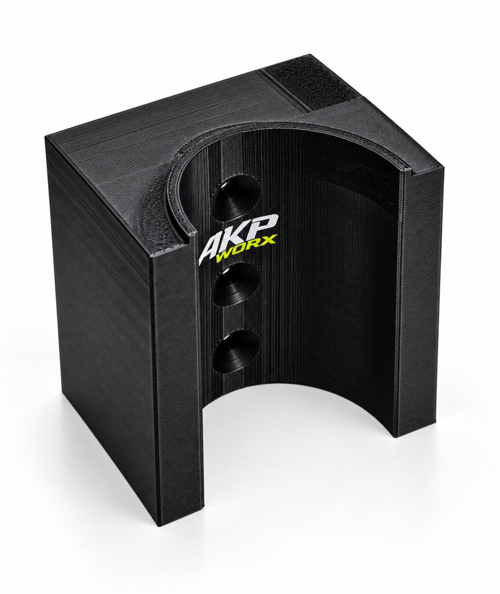 AKP WORX DeWalt 18V grease gun holder in black, main angled view