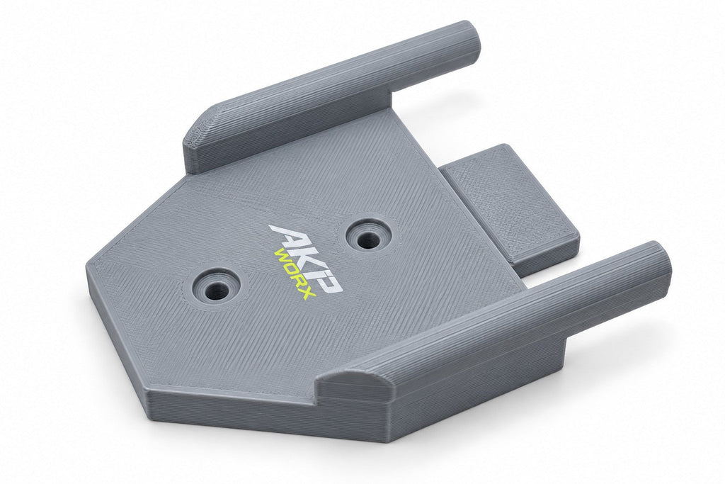 AKP WORX Milwaukee M12 grease gun holder in grey, angled view