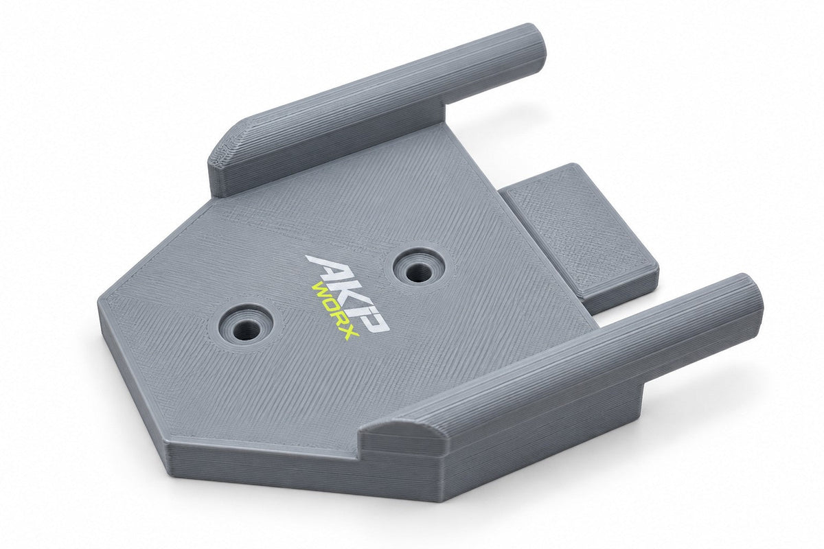 AKP WORX Milwaukee M12 grease gun holder in grey, angled view